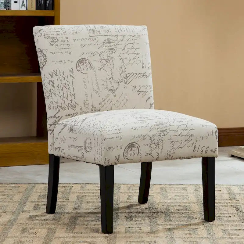 Fauteuil d'appoint sans accoudoirs en tissu à motif écriture française avec pieds en bois espresso