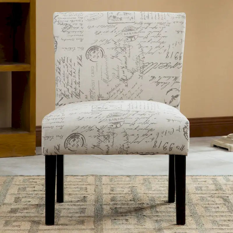 Fauteuil d'appoint sans accoudoirs en tissu à motif écriture française avec pieds en bois espresso