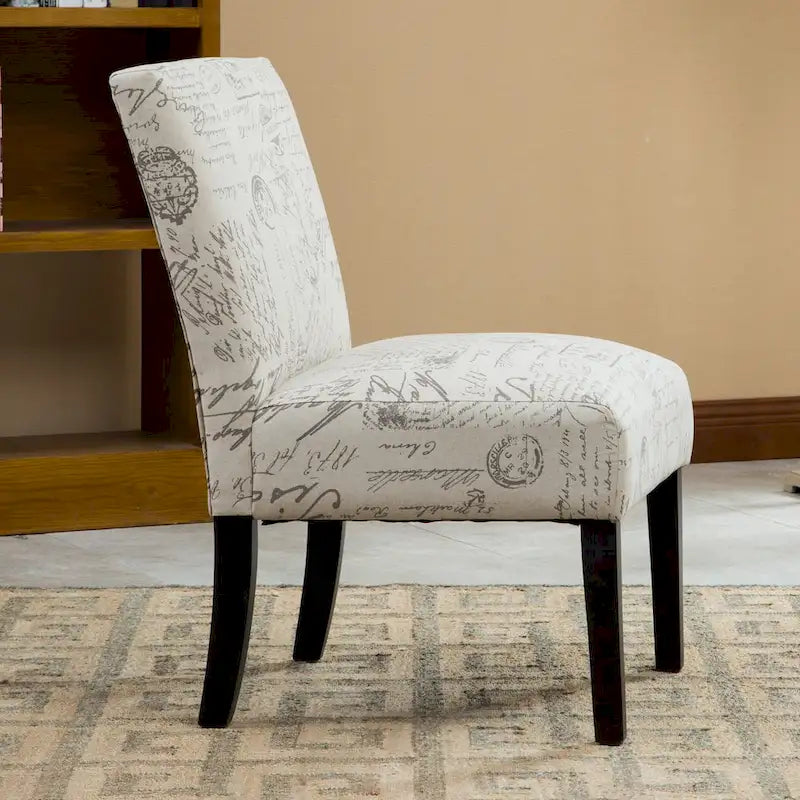Fauteuil d'appoint sans accoudoirs en tissu à motif écriture française avec pieds en bois espresso