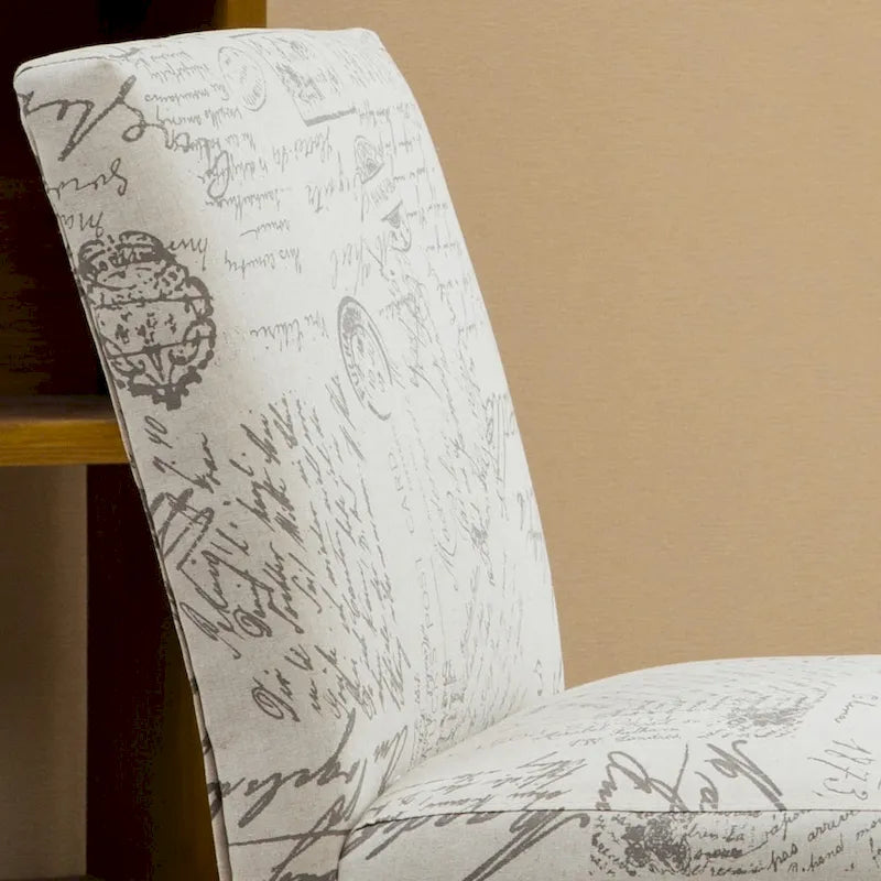 Fauteuil d'appoint sans accoudoirs en tissu à motif écriture française avec pieds en bois espresso