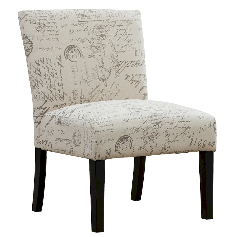 Fauteuil d'appoint sans accoudoirs en tissu à motif écriture française avec pieds en bois espresso
