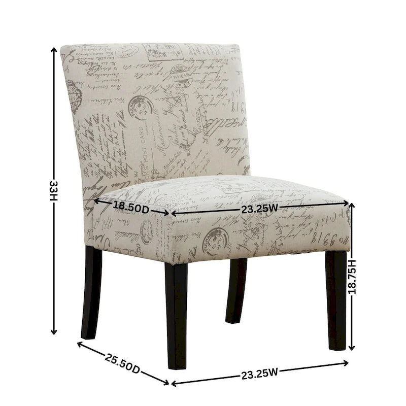 Fauteuil d'appoint sans accoudoirs en tissu à motif écriture française avec pieds en bois espresso
