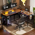 Bureau d'angle en L avec prises de courant, LED RGB et support d'écran