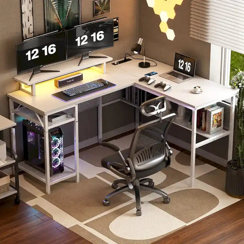 Bureau d'angle en L avec prises de courant, LED RGB et support d'écran
