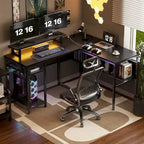 Bureau d'angle en L avec prises de courant, LED RGB et support d'écran