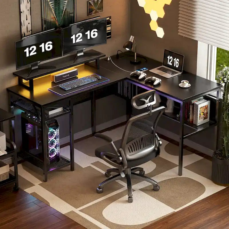 Bureau d'angle en L avec prises de courant, LED RGB et support d'écran