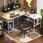Bureau d'angle en L avec prises de courant, LED RGB et support d'écran