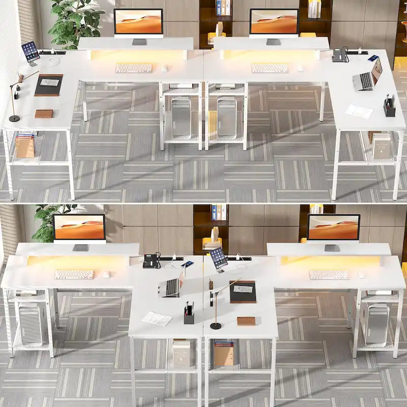 Bureau d'angle en L avec prises de courant, LED RGB et support d'écran