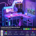 Bureau d'angle en L avec prises de courant, LED RGB et support d'écran