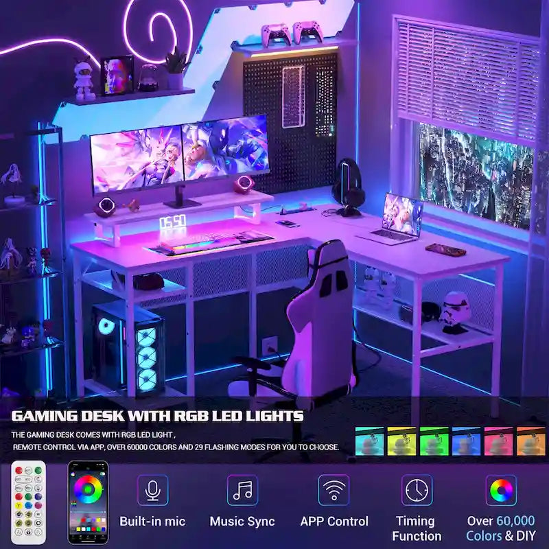 Bureau d'angle en L avec prises de courant, LED RGB et support d'écran