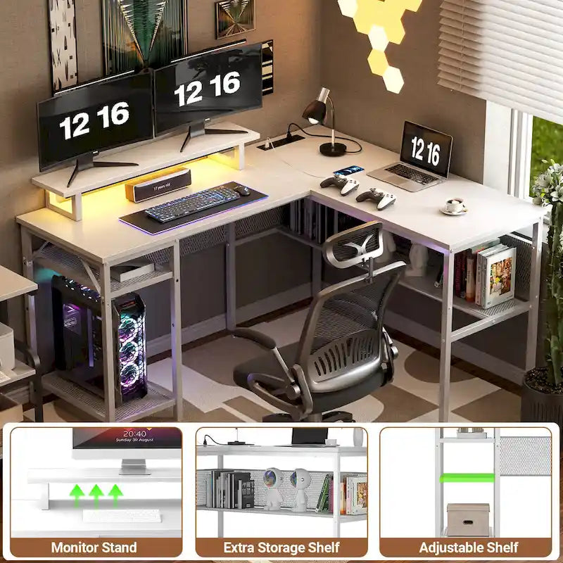Bureau d'angle en L avec prises de courant, LED RGB et support d'écran