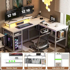 Bureau d'angle en L avec prises de courant, LED RGB et support d'écran