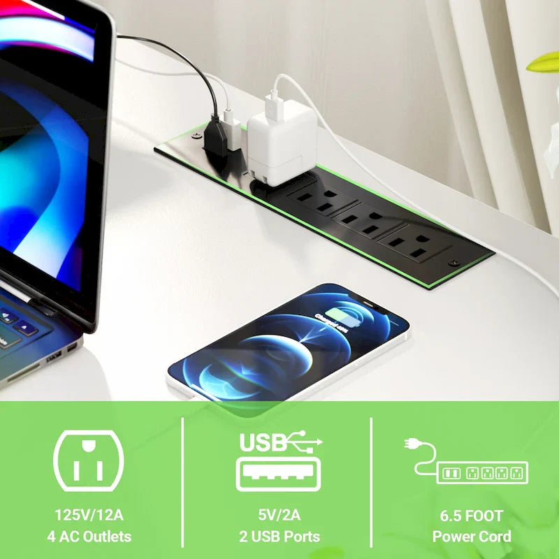 Bureau d'angle en L avec prises de courant, LED RGB et support d'écran