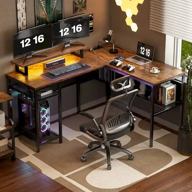 Bureau d'angle en L avec prises de courant, LED RGB et support d'écran