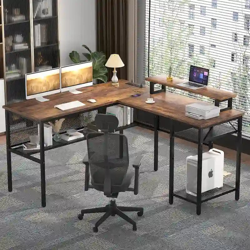 Bureau d'angle en L avec prises de courant, LED RGB et support d'écran