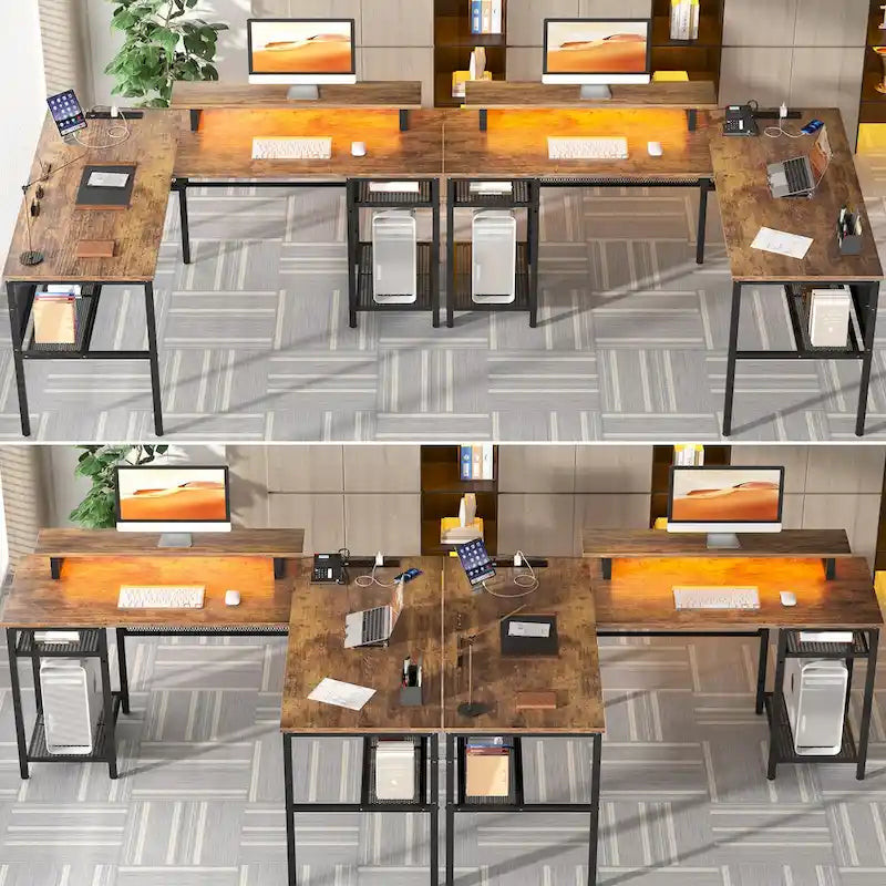 Bureau d'angle en L avec prises de courant, LED RGB et support d'écran