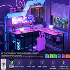 Bureau d'angle en L avec prises de courant, LED RGB et support d'écran