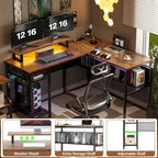 Bureau d'angle en L avec prises de courant, LED RGB et support d'écran