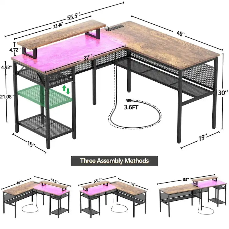 Bureau d'angle en L avec prises de courant, LED RGB et support d'écran