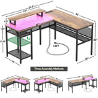 Bureau d'angle en L avec prises de courant, LED RGB et support d'écran