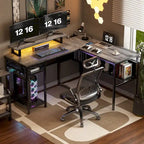 Bureau d'angle en L avec prises de courant, LED RGB et support d'écran