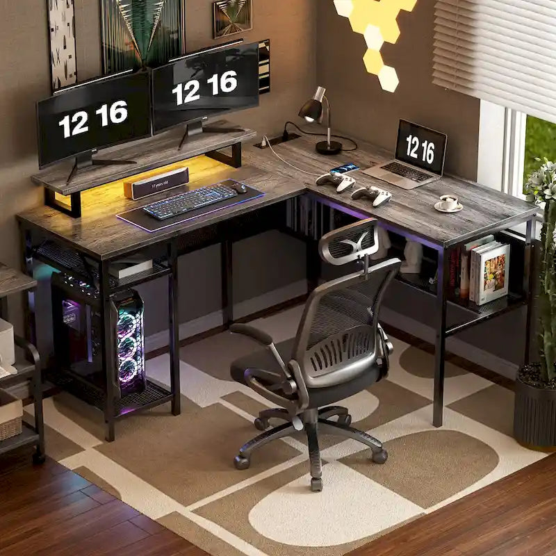 Bureau d'angle en L avec prises de courant, LED RGB et support d'écran