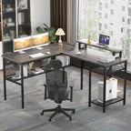 Bureau d'angle en L avec prises de courant, LED RGB et support d'écran