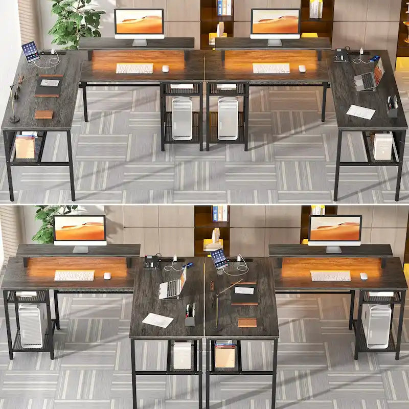 Bureau d'angle en L avec prises de courant, LED RGB et support d'écran