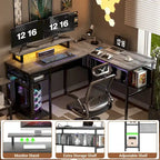 Bureau d'angle en L avec prises de courant, LED RGB et support d'écran