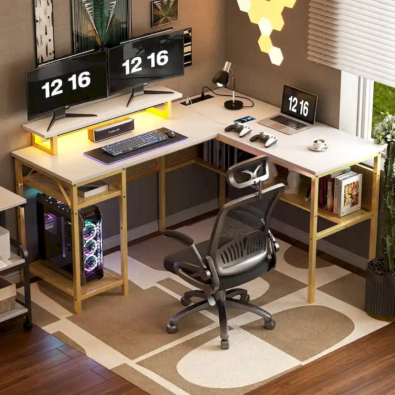 Bureau d'angle en L avec prises de courant, LED RGB et support d'écran