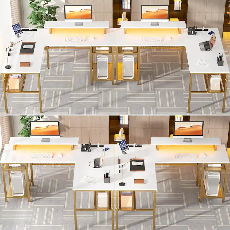 Bureau d'angle en L avec prises de courant, LED RGB et support d'écran