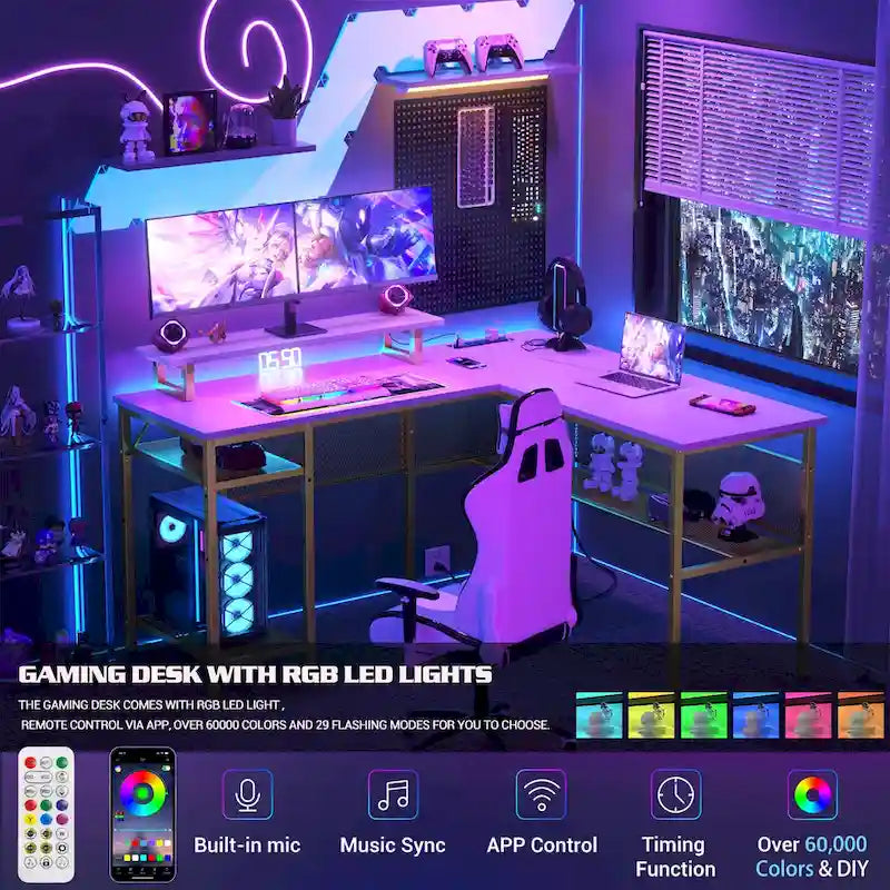 Bureau d'angle en L avec prises de courant, LED RGB et support d'écran