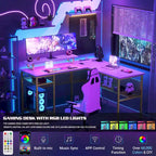 Bureau d'angle en L avec prises de courant, LED RGB et support d'écran