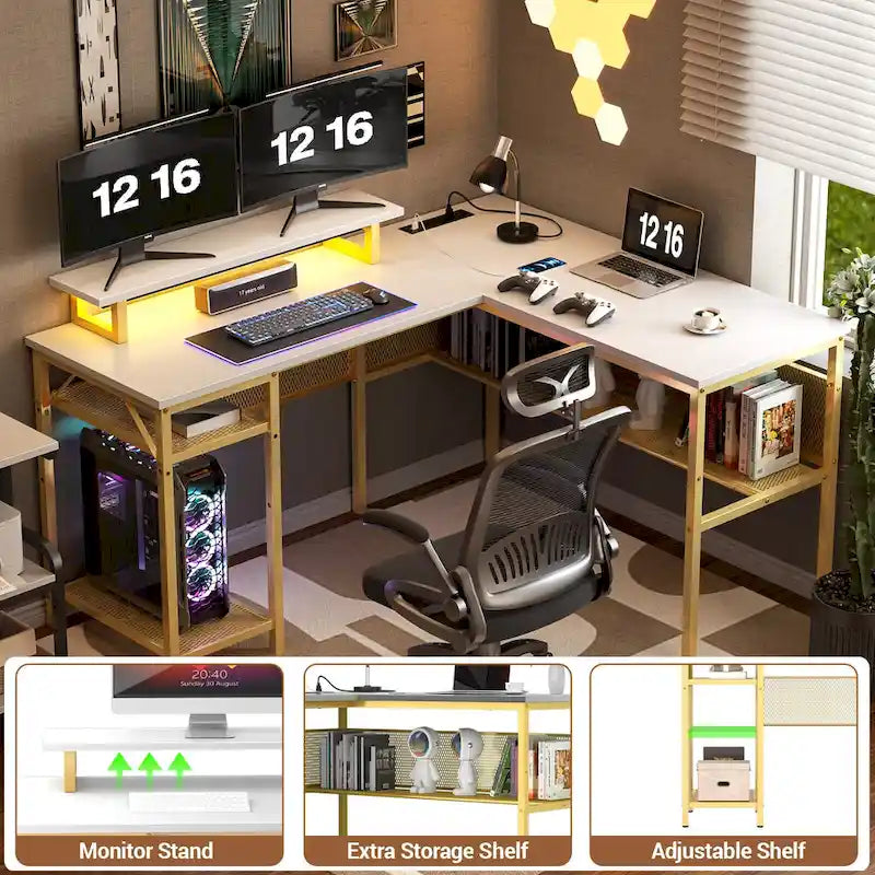 Bureau d'angle en L avec prises de courant, LED RGB et support d'écran