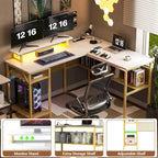 Bureau d'angle en L avec prises de courant, LED RGB et support d'écran