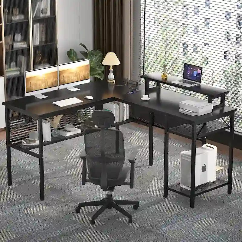 Bureau d'angle en L avec prises de courant, LED RGB et support d'écran