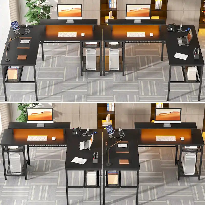 Bureau d'angle en L avec prises de courant, LED RGB et support d'écran