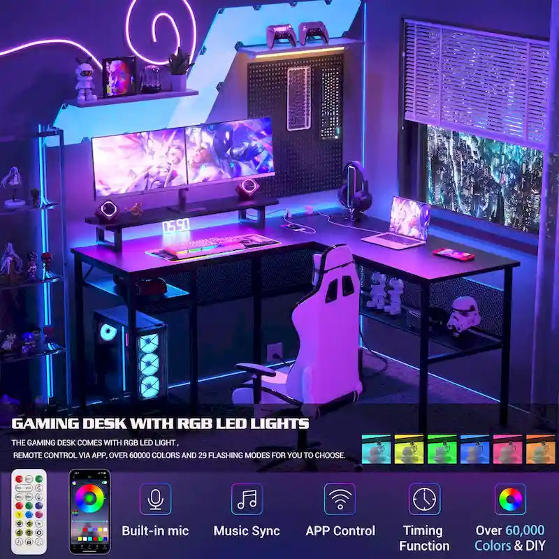 Bureau d'angle en L avec prises de courant, LED RGB et support d'écran
