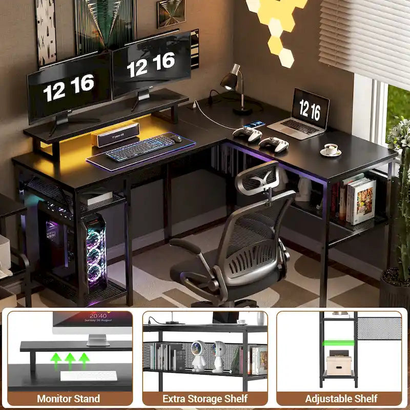 Bureau d'angle en L avec prises de courant, LED RGB et support d'écran