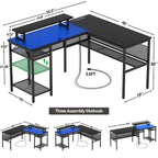 Bureau d'angle en L avec prises de courant, LED RGB et support d'écran