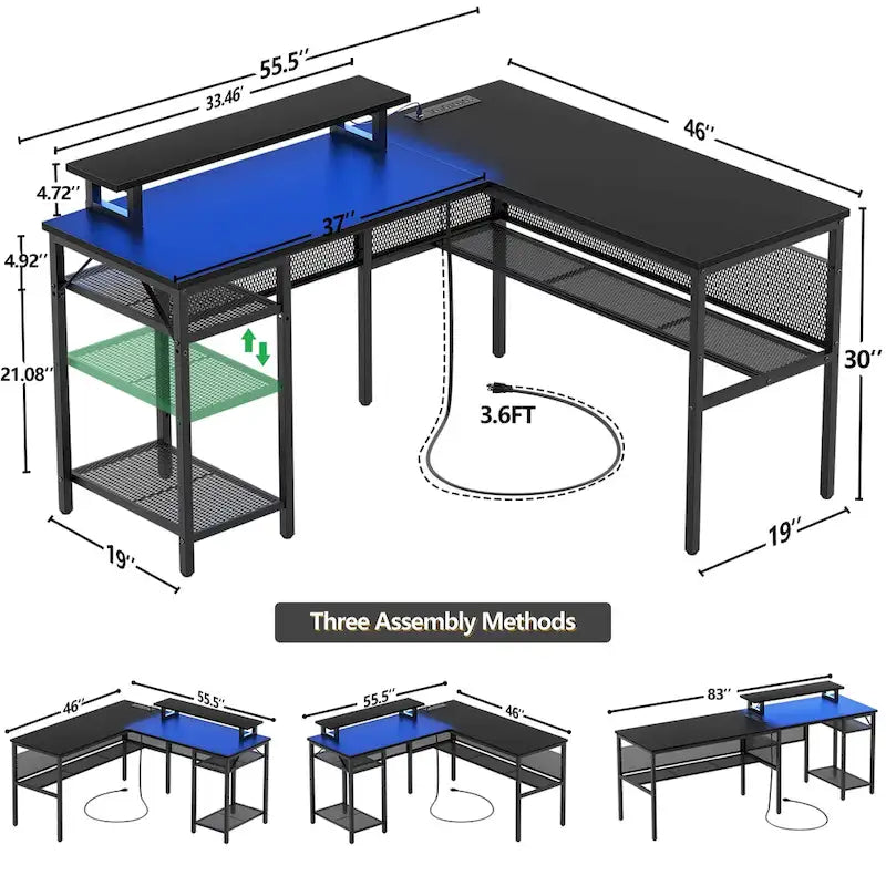Bureau d'angle en L avec prises de courant, LED RGB et support d'écran