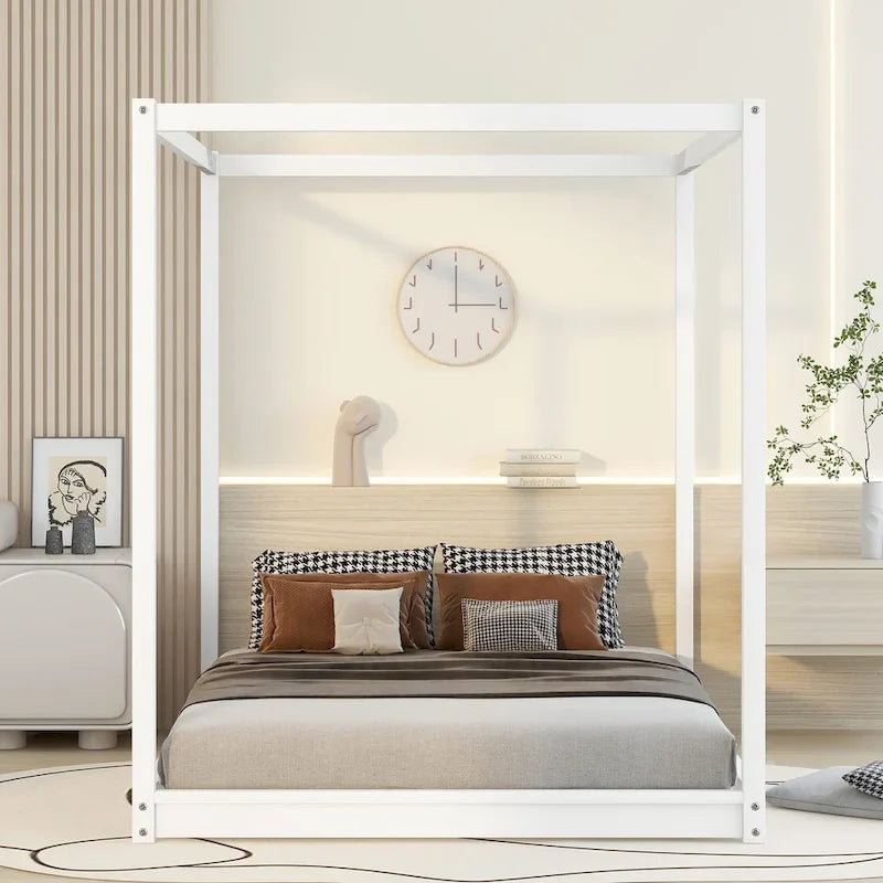 Lit plateforme bas à baldaquin en pin et MDF – Grand lit/Très grand lit