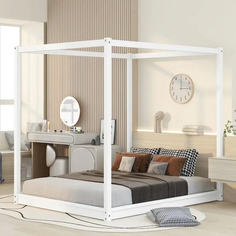 Lit plateforme bas à baldaquin en pin et MDF – Grand lit/Très grand lit