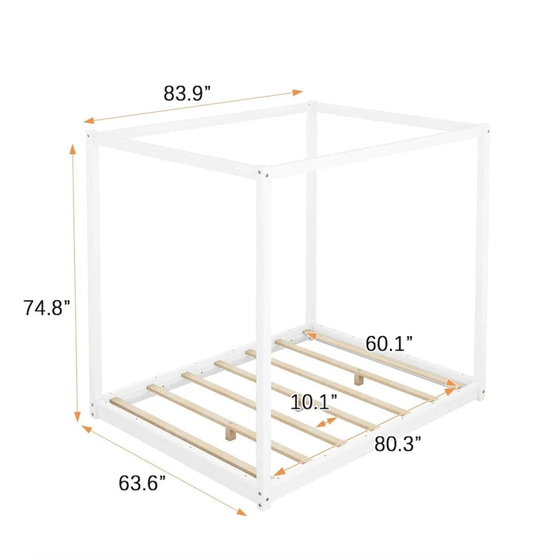 Lit plateforme bas à baldaquin en pin et MDF – Grand lit/Très grand lit