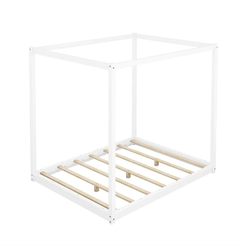 Lit plateforme bas à baldaquin en pin et MDF – Grand lit/Très grand lit