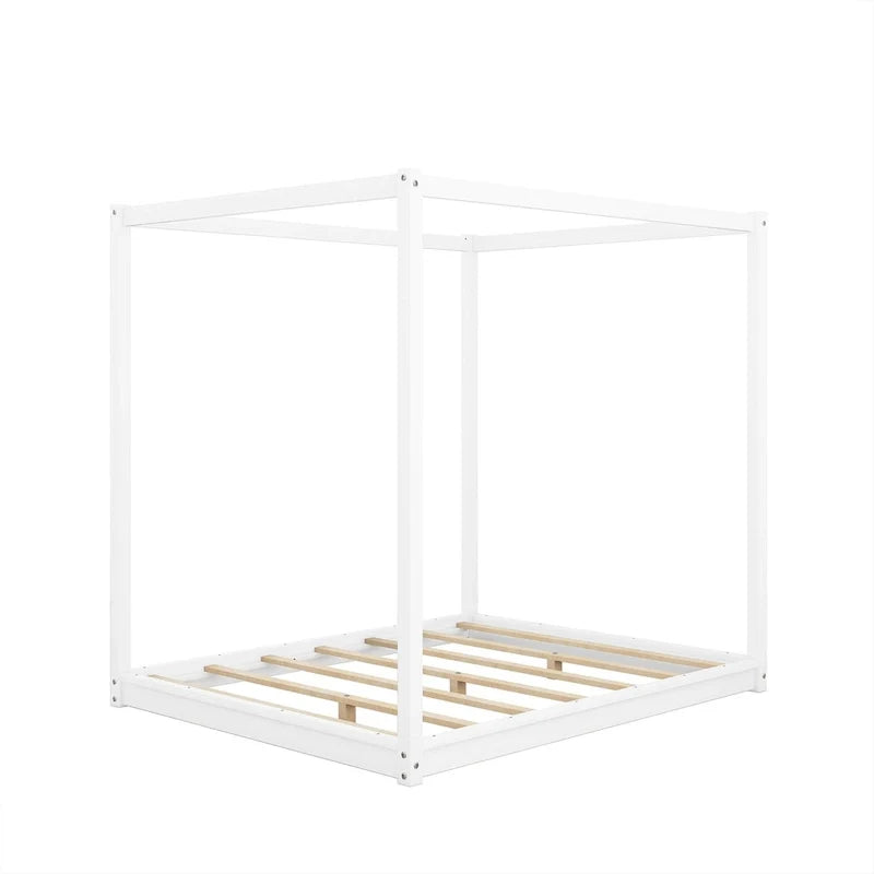 Lit plateforme bas à baldaquin en pin et MDF – Grand lit/Très grand lit