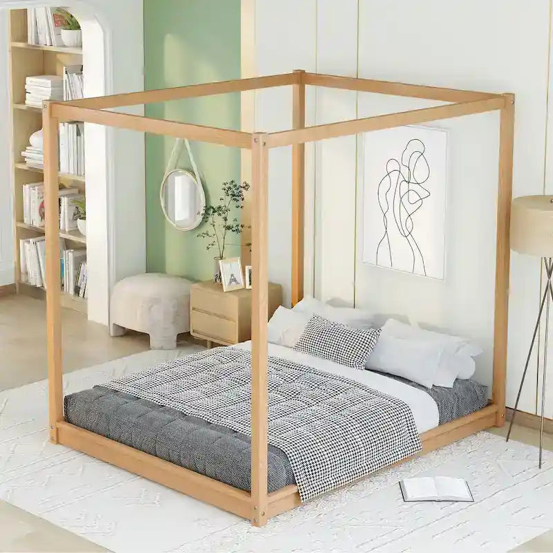 Lit plateforme bas à baldaquin en pin et MDF – Grand lit/Très grand lit