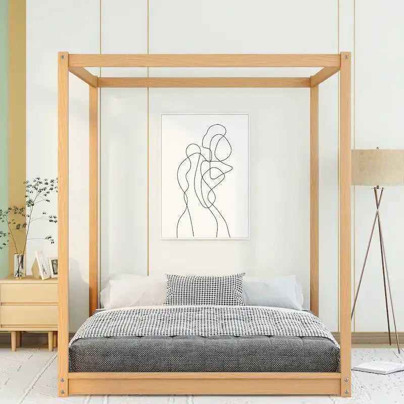 Lit plateforme bas à baldaquin en pin et MDF – Grand lit/Très grand lit