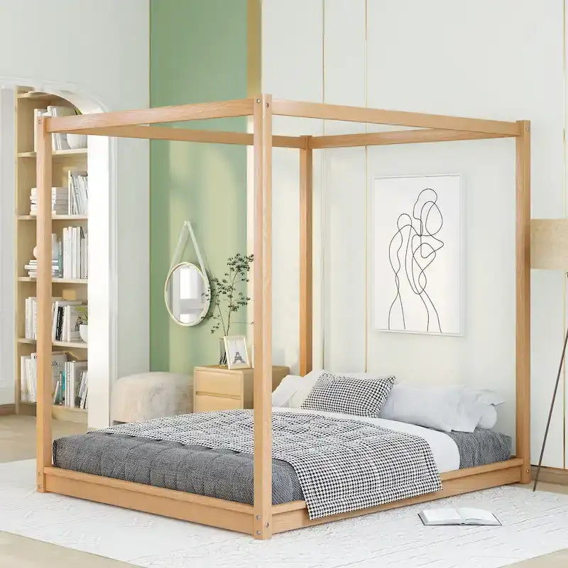 Lit plateforme bas à baldaquin en pin et MDF – Grand lit/Très grand lit