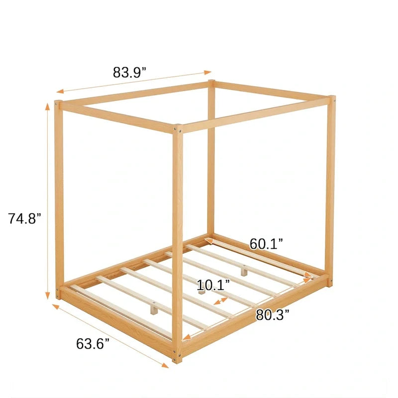 Lit plateforme bas à baldaquin en pin et MDF – Grand lit/Très grand lit